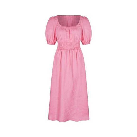 Aligne Women US4 Fuscha Pink Frederika Dress Smocked Puff Sleeve Pckt Linen Maxi - view 5