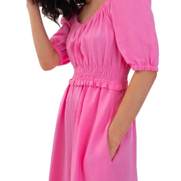 Aligne Women US4 Fuscha Pink Frederika Dress Smocked Puff Sleeve Pckt Linen Maxi - view 4