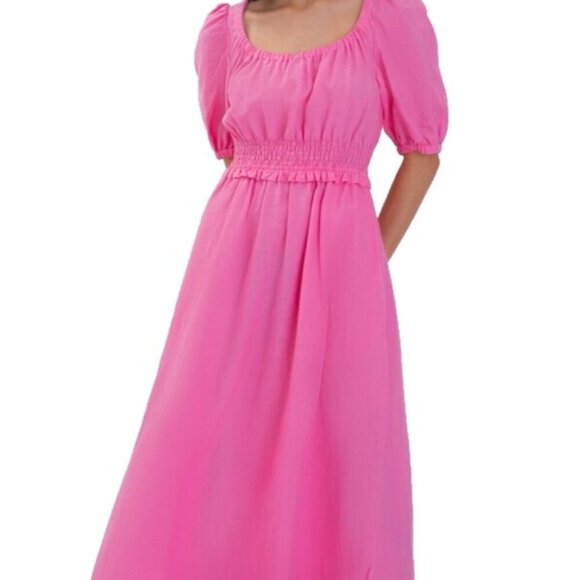 Aligne Women US4 Fuscha Pink Frederika Dress Smocked Puff Sleeve Pckt Linen Maxi - view 3