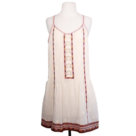 Joie Womens Cream Red Small Horlane Dress Embroidered V Neck Pleated 100% Cotton - view 3