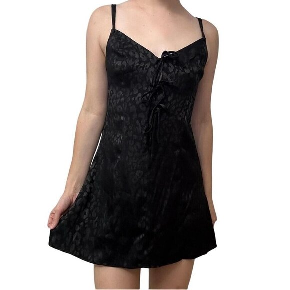 Free People Intimately Women's L Black Bow-Dacious Mini Slip Dress Leopard Print