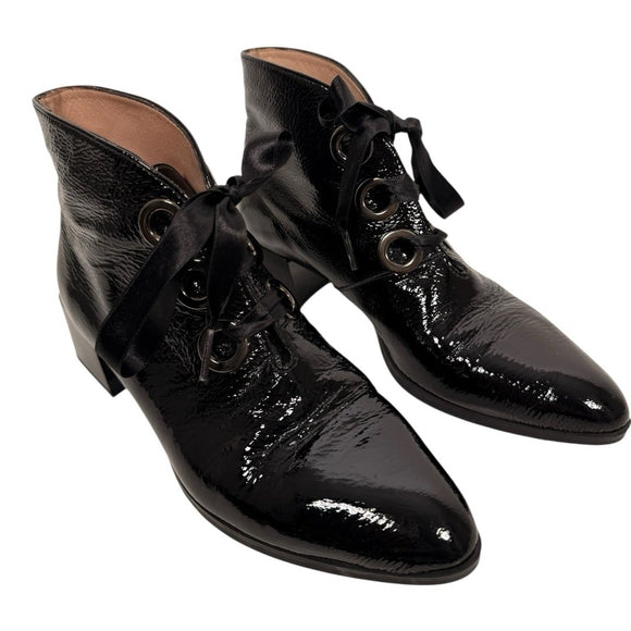 Hispanitas Black Patent Leather Ankle Boots Women 37.5 Block Heel Lace Up Spain - view 2