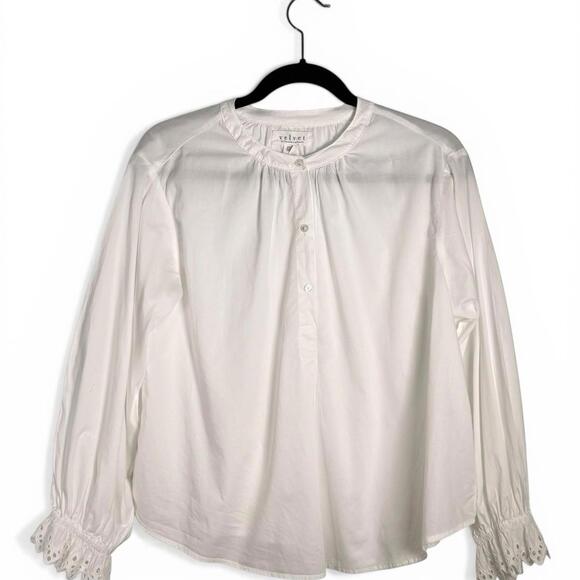 Velvet Graham Spencer White Cotton Poplin Blouse Eyelet Sleeve Women Size XS Top - view 3