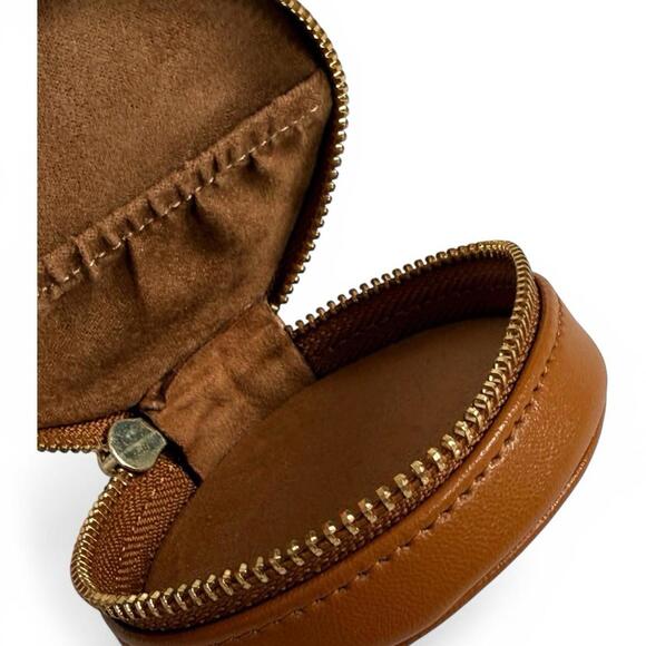 Samara Jewelry Pouch Tan Round Vegan Leather Travel Case Mini Zipper Organizer - view 2