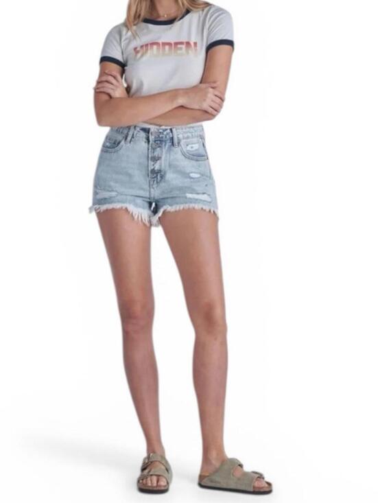 Hidden Jeans Women's Large Button Fly Distressed Cutoff Denim Shorts Light Wash