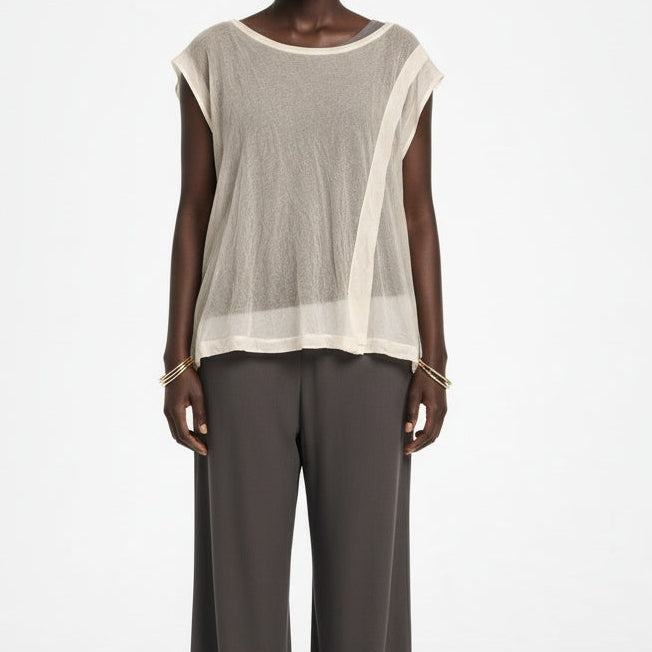 Full body view of the model wearing Yohji Yamamoto Y's Grey & White Layered Sheer Asymmetric Top Size 2