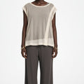 Full body view of the model wearing Yohji Yamamoto Y's Grey & White Layered Sheer Asymmetric Top Size 2