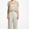 Full body view of the model wearing James Perse Sand & Cream Striped Sheer Scoop-Neck Tee Small