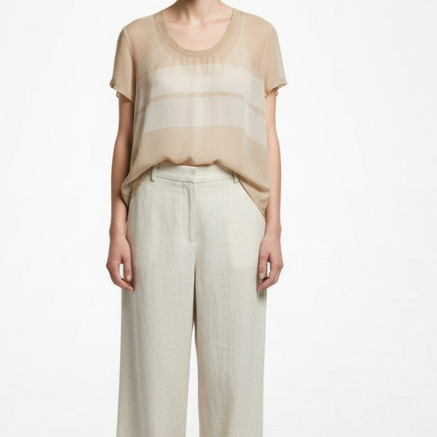 Full body view of the model wearing James Perse Sand & Cream Striped Sheer Scoop-Neck Tee Small