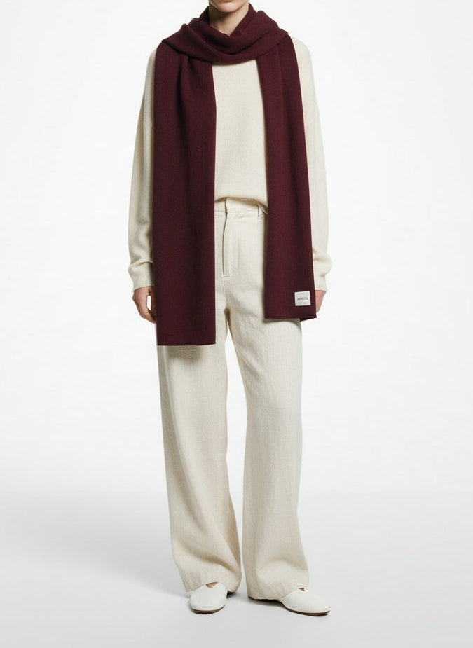 Full body view of the model wearing Aritzia Burgundy Cashmere Scarf